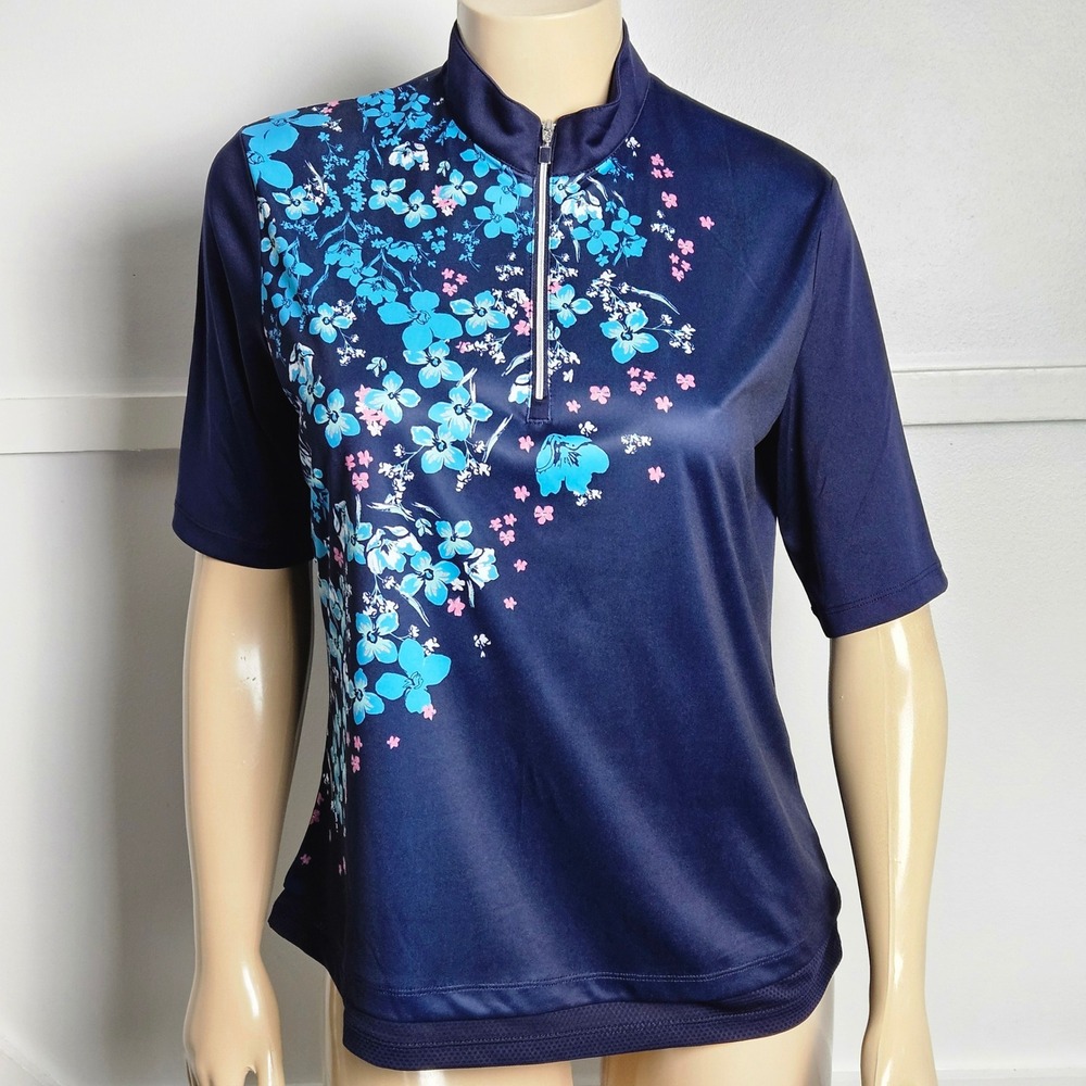 PGA Tour Womens Navy Blue Floral Quarter Zip Performance Golf Polo Shirt L